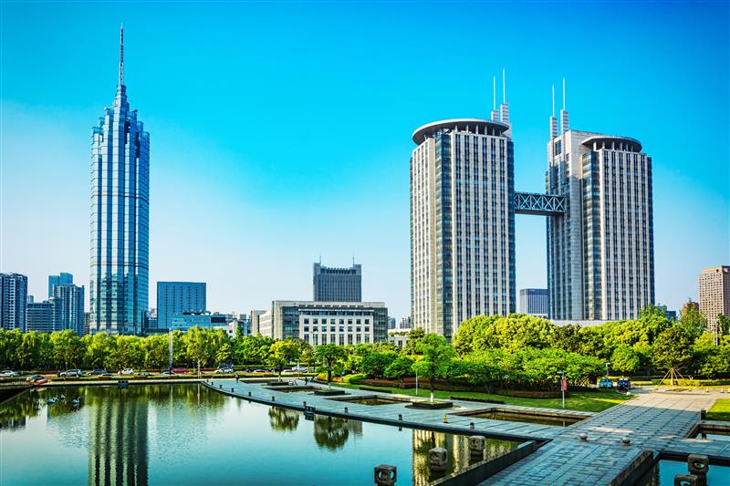 Modern city skyline with steel structures